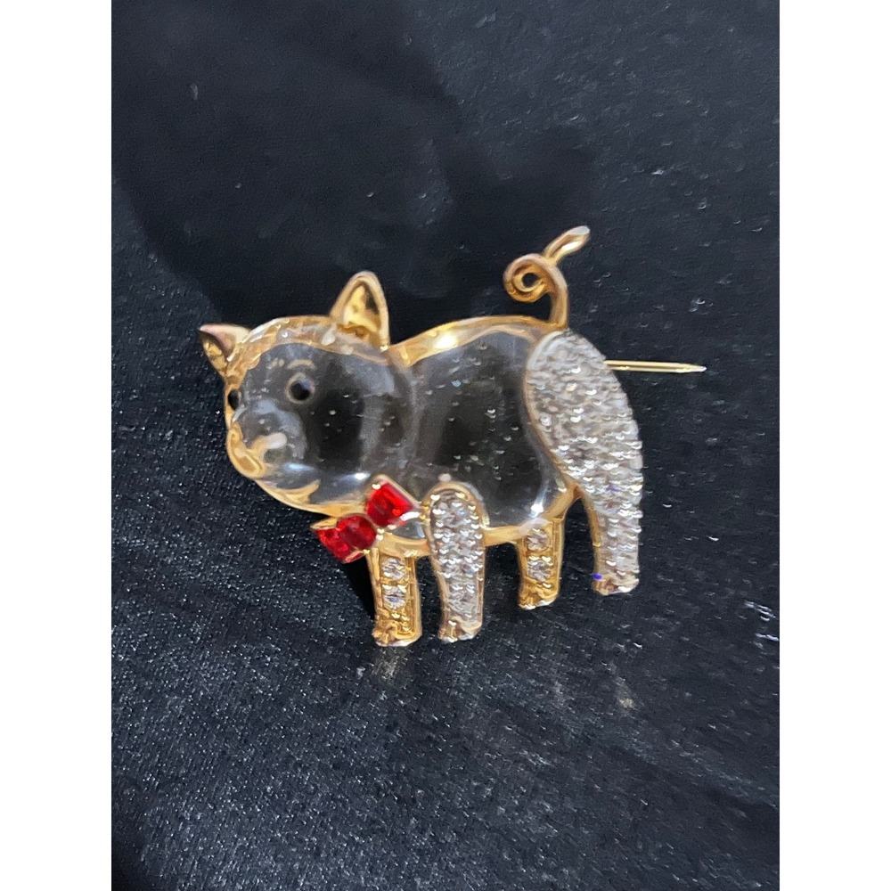 Vintage Jelly Belly Pig Brooch Lucite Rhinestone Bow Tie Animal Pin Gold Tone
